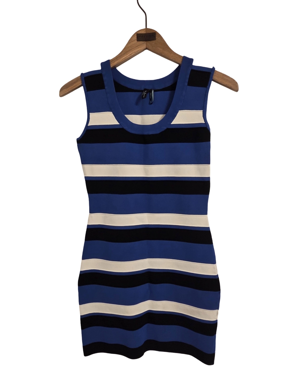 Guess by Marciano Blue, Black & Cream Striped Sleeveless Sheath Dress